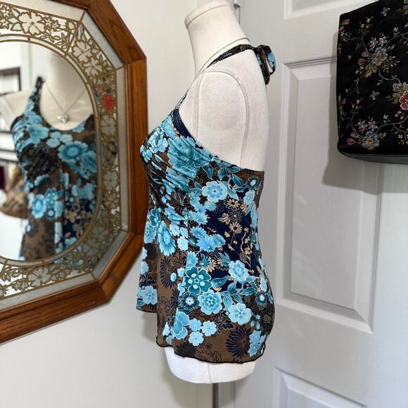 VTG Y2K IZ Byer California Dark Brown & Blue Floral Boho Backless Halter Top M - Picture 3 of 7